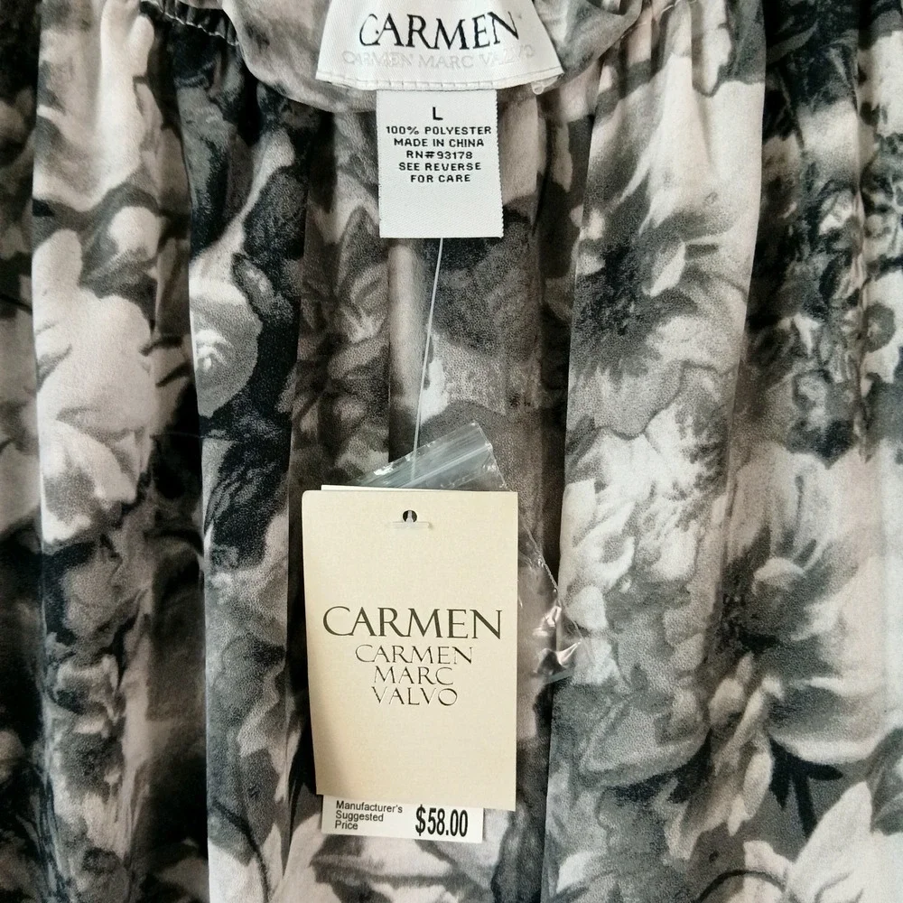 NWT Carmen Marc Valvo Blouse Womens L Gray Floral Long Sleeve Off Shoulder Top - Picture 2 of 6